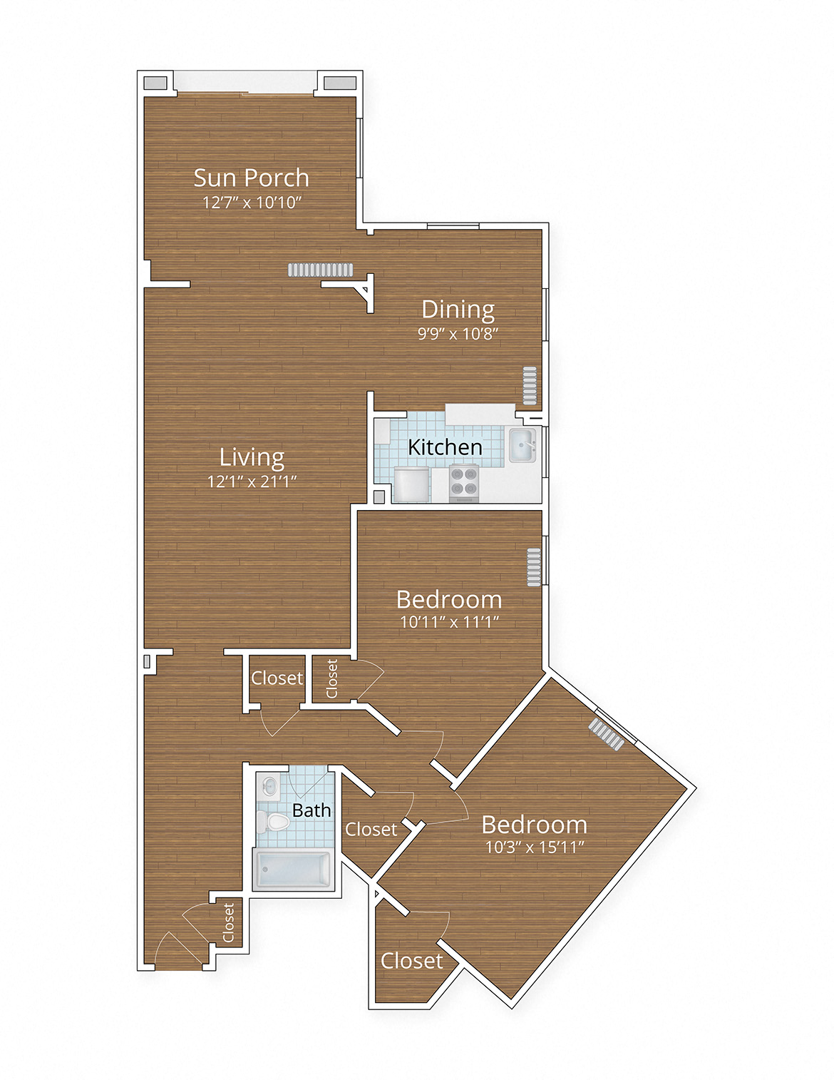 Floor plan for 2 beds, 1 bath, 1252 sqft